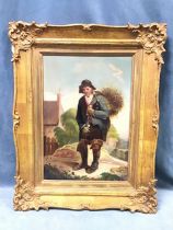 Nineteenth century, oil on canvas, naive portrait of a farmer with a knife and carrying a bushel