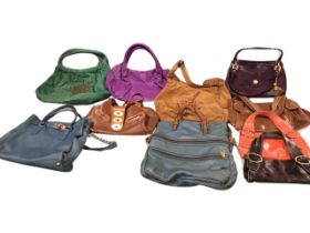 A collection of designer leather handbags by Ri2z of London, patent leather, suede, Patchouli