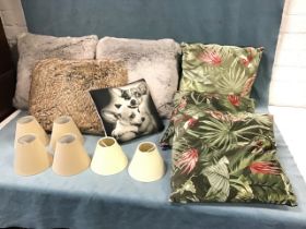 Seven miscellaneous cushions - jungle print velour, faux fur and chihuahua print; a set of four