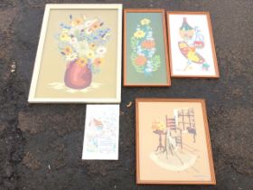 Miscellaneous framed embroideries - RW Paxton cheeseboard with wine, and an interior scene with cat,
