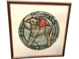 Design for a circular stained glass window, watercolour, Agnus Dei, mounted and framed. (16in x