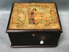 A working late Victorian Multiphone musical box, the ebonised case with colour lithograph cover