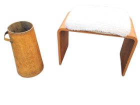 A C20th rectangular stool with furry cushioned seat; and a moulded tapering stickstand with bent