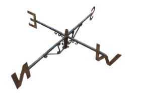 A large wrought iron weather vane, the arms raised on scrolled and twisted supports around a central