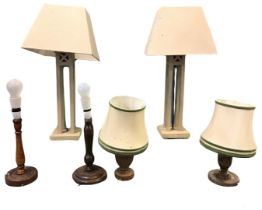 A pair of contemporary square tower tablelamps with hessian style shades; and four miscellaneous