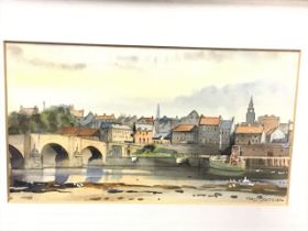 Fred Stott, watercolour, view of Berwick from across the Tweed, signed and dated 1974, bearing