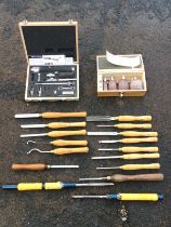 A set of five Robert Sorby lathe chisels; a set of five similar Ashley Iles woodturning chisels;