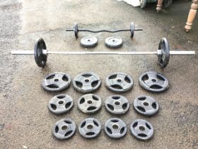 A set of Olympic bar weights with 15, 10, 5 & 2.5kg weights - 85in; and a set of exercise weights