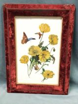 A Victorian handpainted oil on milk glass depicting butterflies and flowers, in original velvet