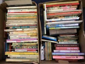 Two boxes of childrens books - annuals, Babar, Asterix, Rupert the Bear, novels, classics,