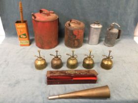 Five domed brass oil cans; two cylindrical painted fuel cans; a brass yachting foghorn; a 30s Regaid