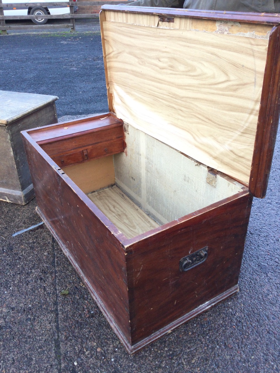 A Victorian grained pine blanket box with iron handles, the cover enclosing a candlebox above two - Image 3 of 3