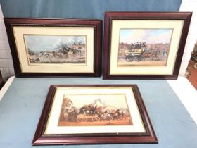 A set of three colour prints of C19th coaching scenes, mounted and framed. (3)