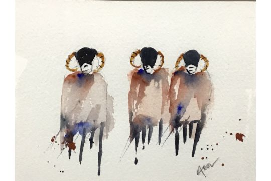 Carol Boyd, watercolour, depicting three Scottish Blackface sheep, signed, mounted & framed - Image 2 of 3