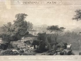 A French landscape engraving titled Printemps Matin after Leon Cogniet, the plate with embossed