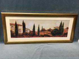 G Borelli, colour print, a Tuscan landscape with farmhouses among poppy fields and cypress trees