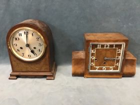 A 1930s walnut deco Westminster chiming mantel clock, the square dial with arabic chapter and