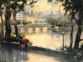 TH Simandle, colour print, view of the Seine & Notre Dame in the rain, titled Paris Evening to