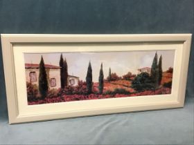 G Borelli, colour print, a Tuscan landscape with farmhouses among poppy fields and cypress trees,