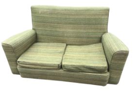 A mid-century two-seater upholstered sofa, the rectangular back above a conforming seat with loose
