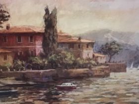 Malcolm Surridge, colour print, Italian lake scene with villas and boats, titled Evening Gold to