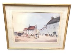 AW Brown, coloured printed, fishing village with figures titled Pittenween, signed & dated in the