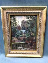 Lt Col Bernard Granville Baker, oil on canvasboard, a riverside garden with church tower, with