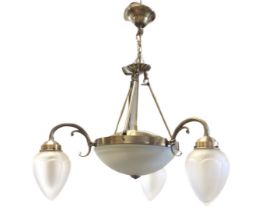 An Edwardian style hanging light with flared ceiling rose suspending rods supporting a ring with