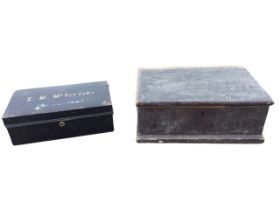 A rectangular tin deed box with brass lock and wire handles, the top painted with owners name -