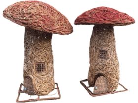 A pair of woven willow sculptural toadstools with detachable caps, the tapering stalks with hobbit