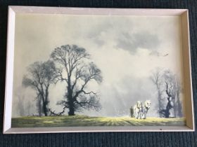 David Shepherd, colour landscape print, farmer ploughing with horses in a misty landscape, titled