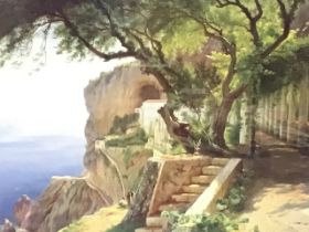 CF Aagaar, colour print, view of the garden of a clifftop monastery overlooking the Mediterranean,