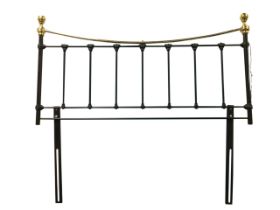 A Victorian style 5ft brass & iron headboard with curved rail above spindles, the cornerposts with