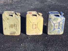 Three rectangular panelled military 20L jerry cans, bearing crows foot mark and dated 1997, 1979 &