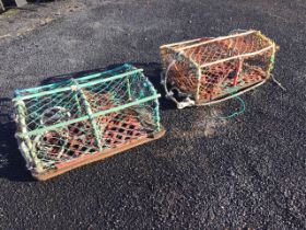 Two modern rectangular lobster pots with arched cages above lattice bases - weighted. (2)