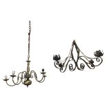 A Dutch style hanging brushed brass light fitting with five scrolled branches supporting lamps