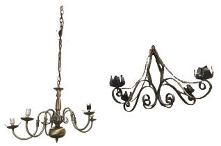 A Dutch style hanging brushed brass light fitting with five scrolled branches supporting lamps