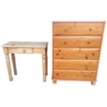 A Dovedale pine chest of drawers, the moulded rectangular top above five knobbed drawers, the