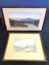 L Carlisle, gouache, a moorland path at dusk, signed, mounted and framed - 14.5in x 7.75in; and Alec