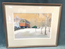 C Armanov, Russian School, watercolour, Siberian winter landscape with birch trees, bus and figures,