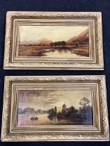 A pair of Victorian oils on canvas, a river landscape with church and figures in boat at dusk, and