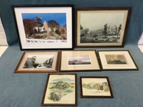 Miscellaneous framed prints - India, a nineteenth century engraving of Cockermouth, photographs,