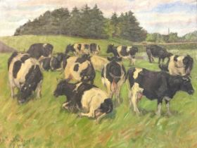 Niels Ström, Danish oil on canvas, landscape with herd of Friesian cows, signed & dated 1947,