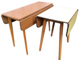 A 60s drop-leaf table with formica top on rounded tapering beech legs; and another similar smaller