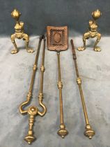 A set of nineteenth century brass fire irons with knop finials and bobbin turnings to shafts -