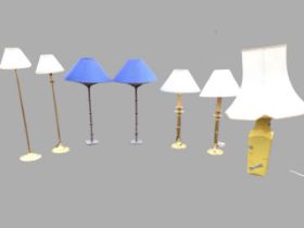 Seven tablelamps with shades - slim brass column with circular moulded base, glazed vase form with