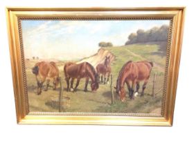 Carl Hertz, C20th oil on canvas, Danish landscape with horses by fence, signed & dated 1928, gilt