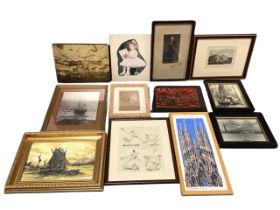 A box of miscellaneous framed pictures - old photographs, prints, a mounted tile, some signed, an