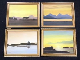JA Harmer, four oils on board, landscapes - Loch Bracadale, Red Cuillin on Skye, the Eildon Hills,