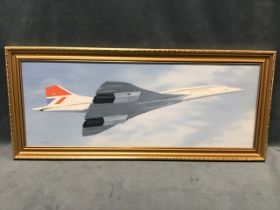 JA Harmer, oil on board, study of Concorde in flight, signed and gilt framed. (23.5in x 8.75in)